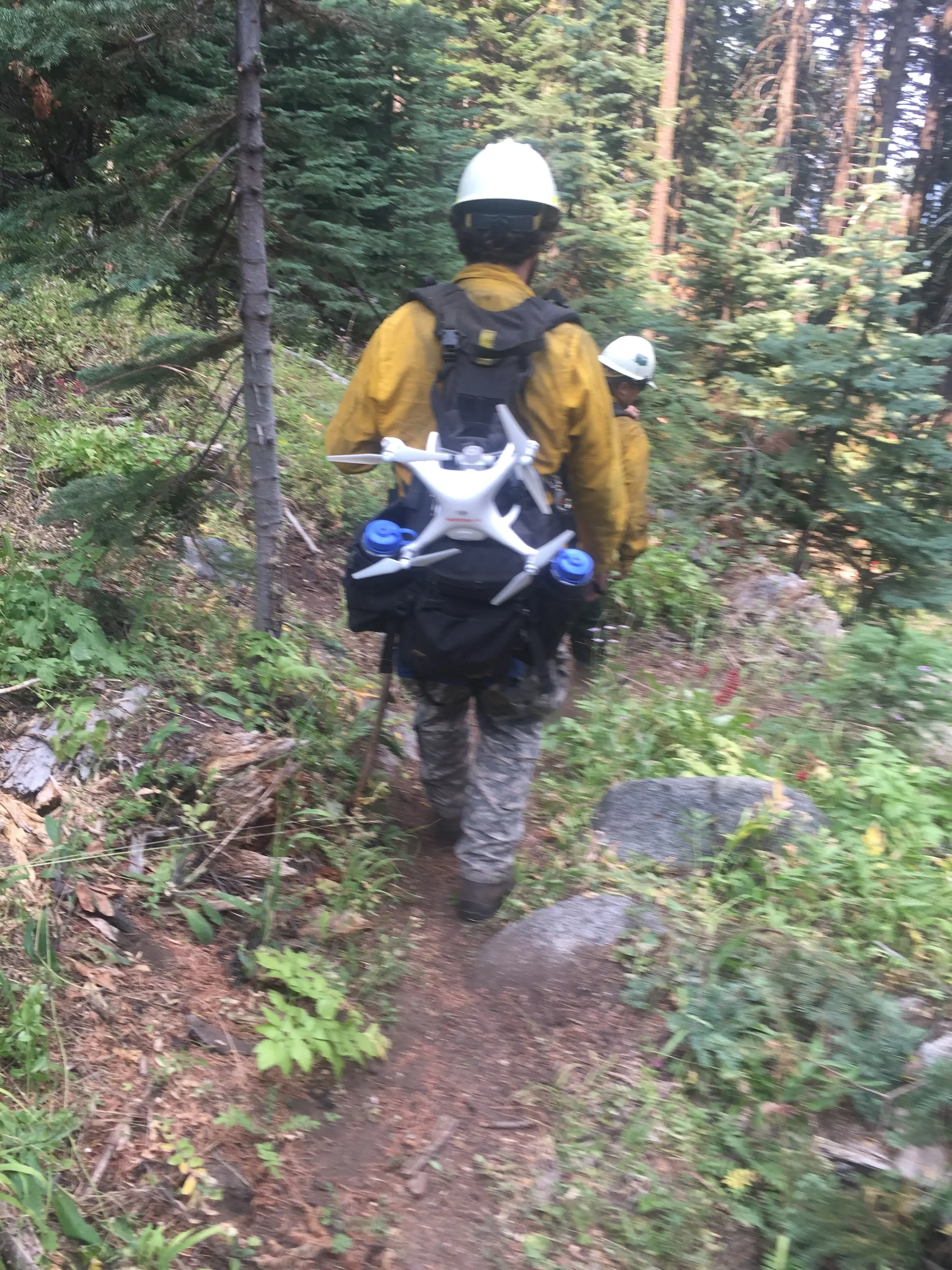 Walking a forest trail in the yellow fire shirt with the first aircraft strapped to the pack.