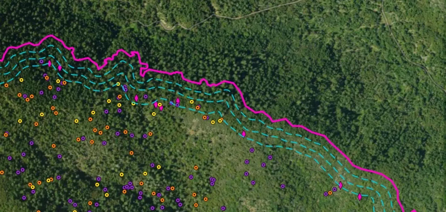 Fire data viewer showing heat intensity classes and mopup buffers along a perimeter.