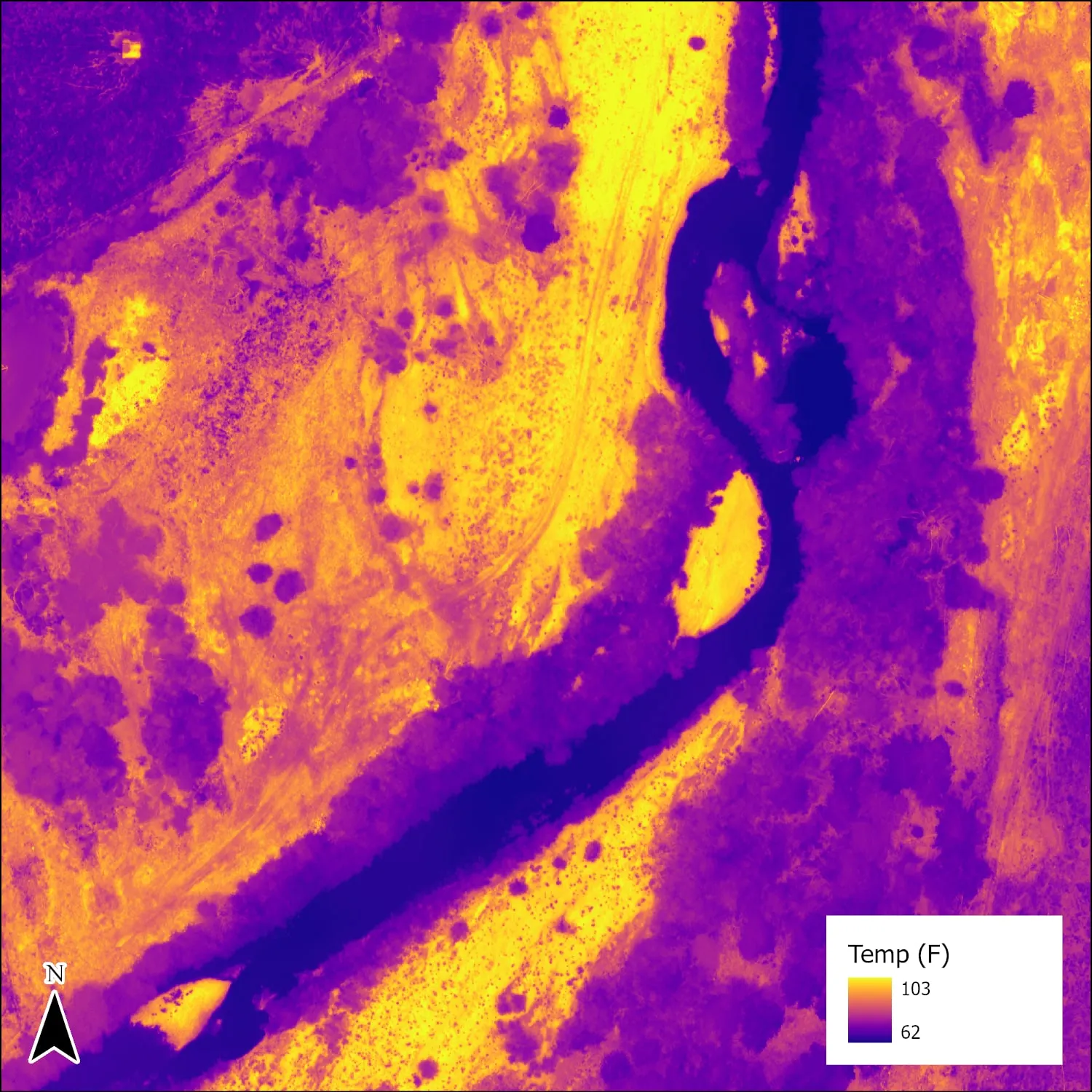 Afternoon thermal mosaic of the Scott River, cooler water in dark tones against warm ground.