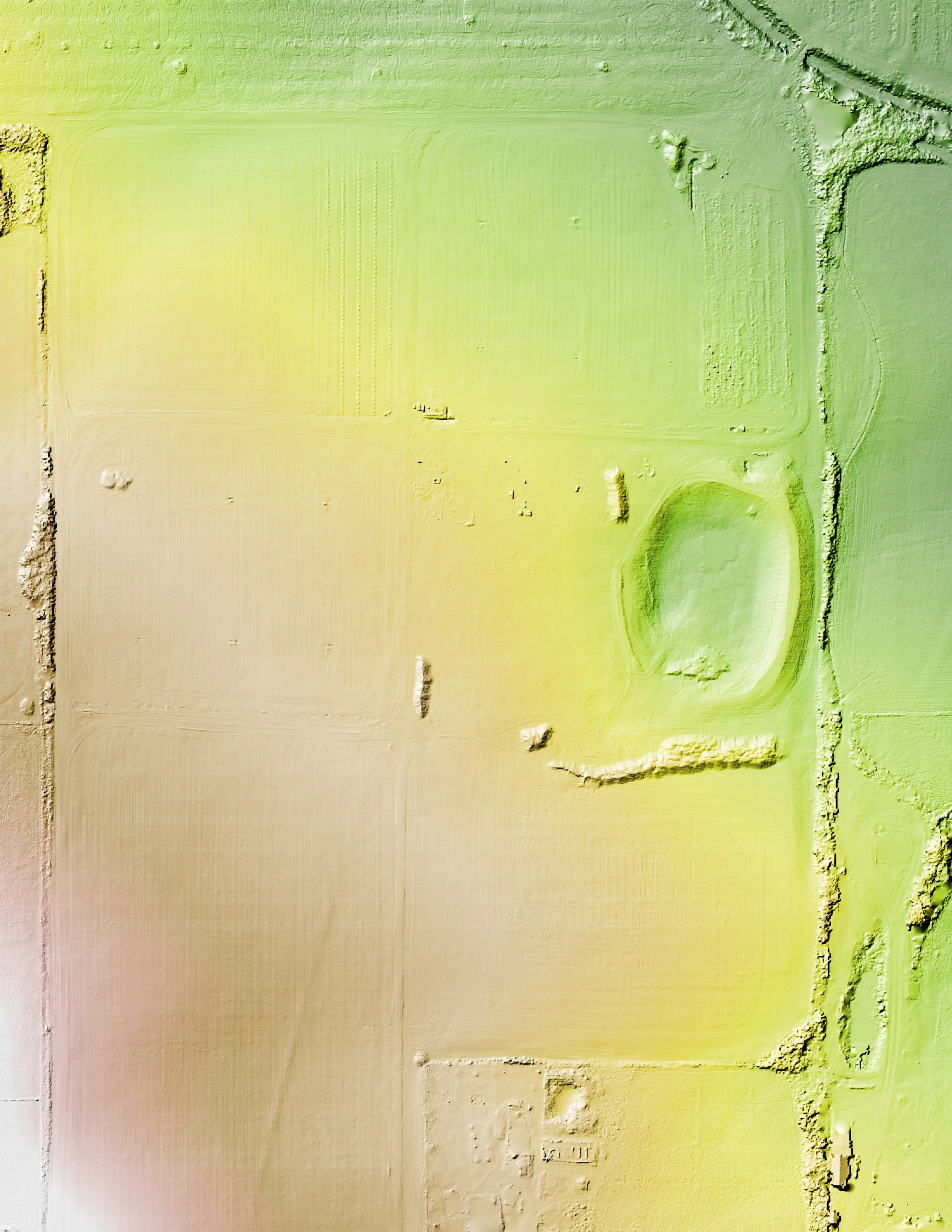 Colored elevation model of the farm showing the lay of the fields and the pond.