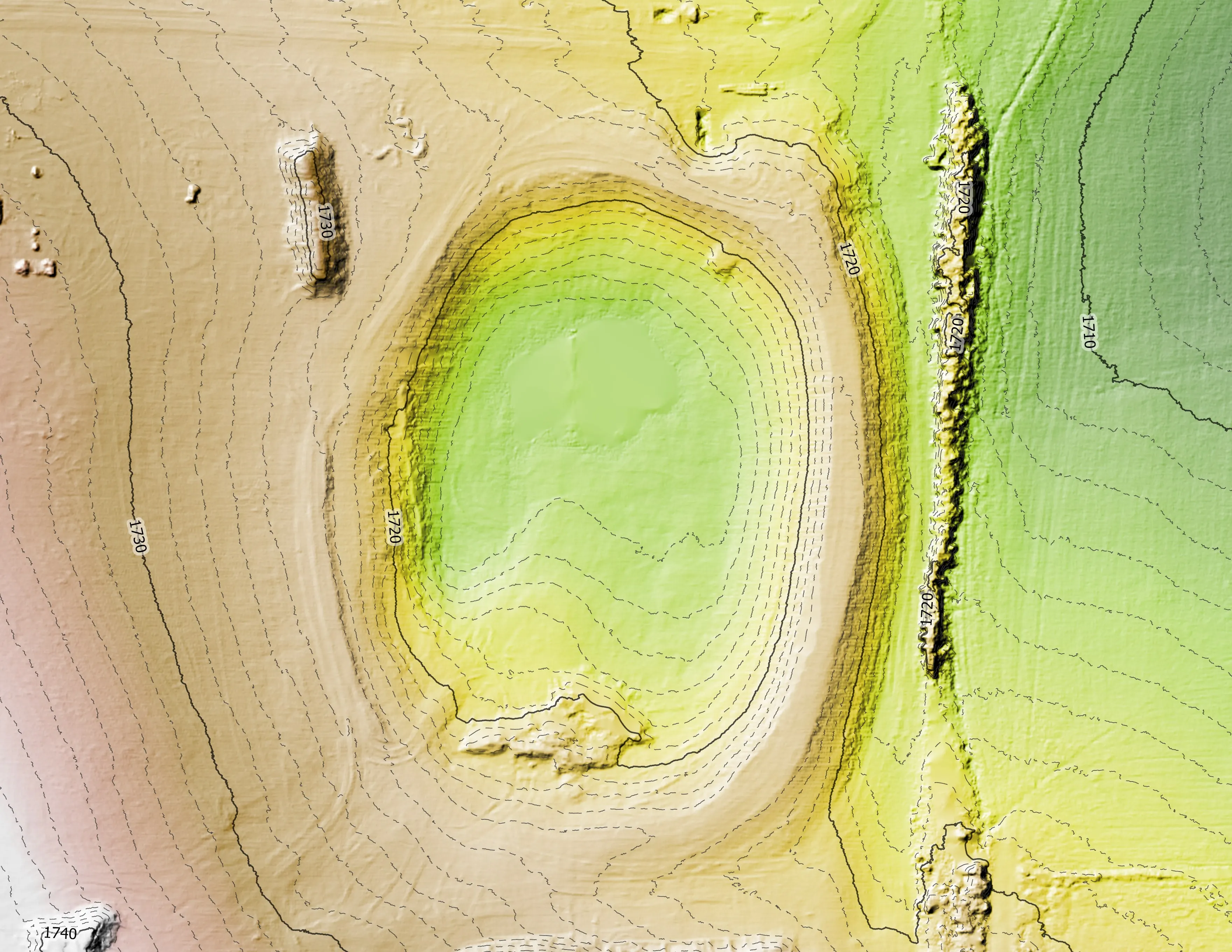 Pond and drainage detail on the elevation model with contours.