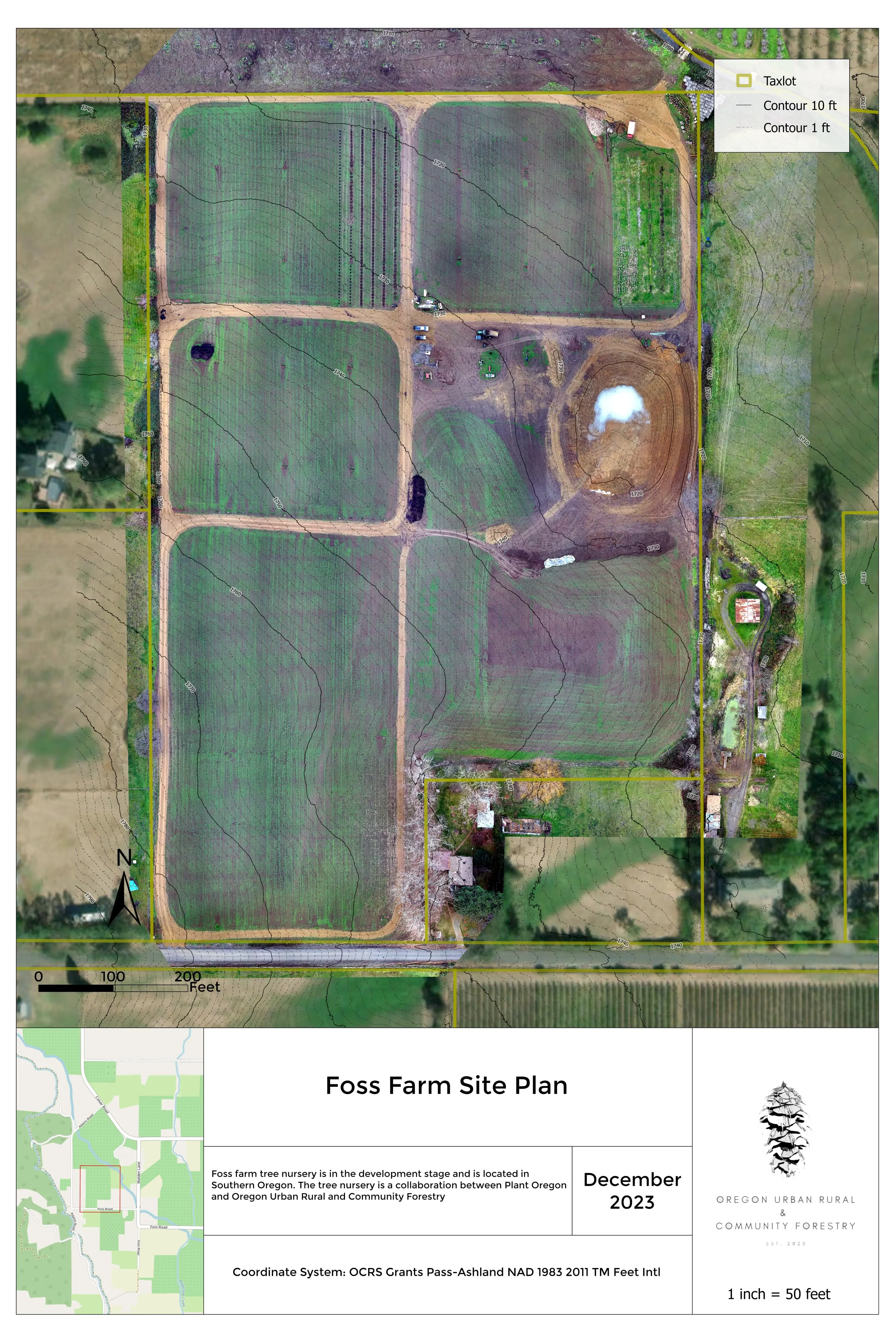 Orthomosaic of a tree nursery site: fields, planting rows, ponds, and the buildings.