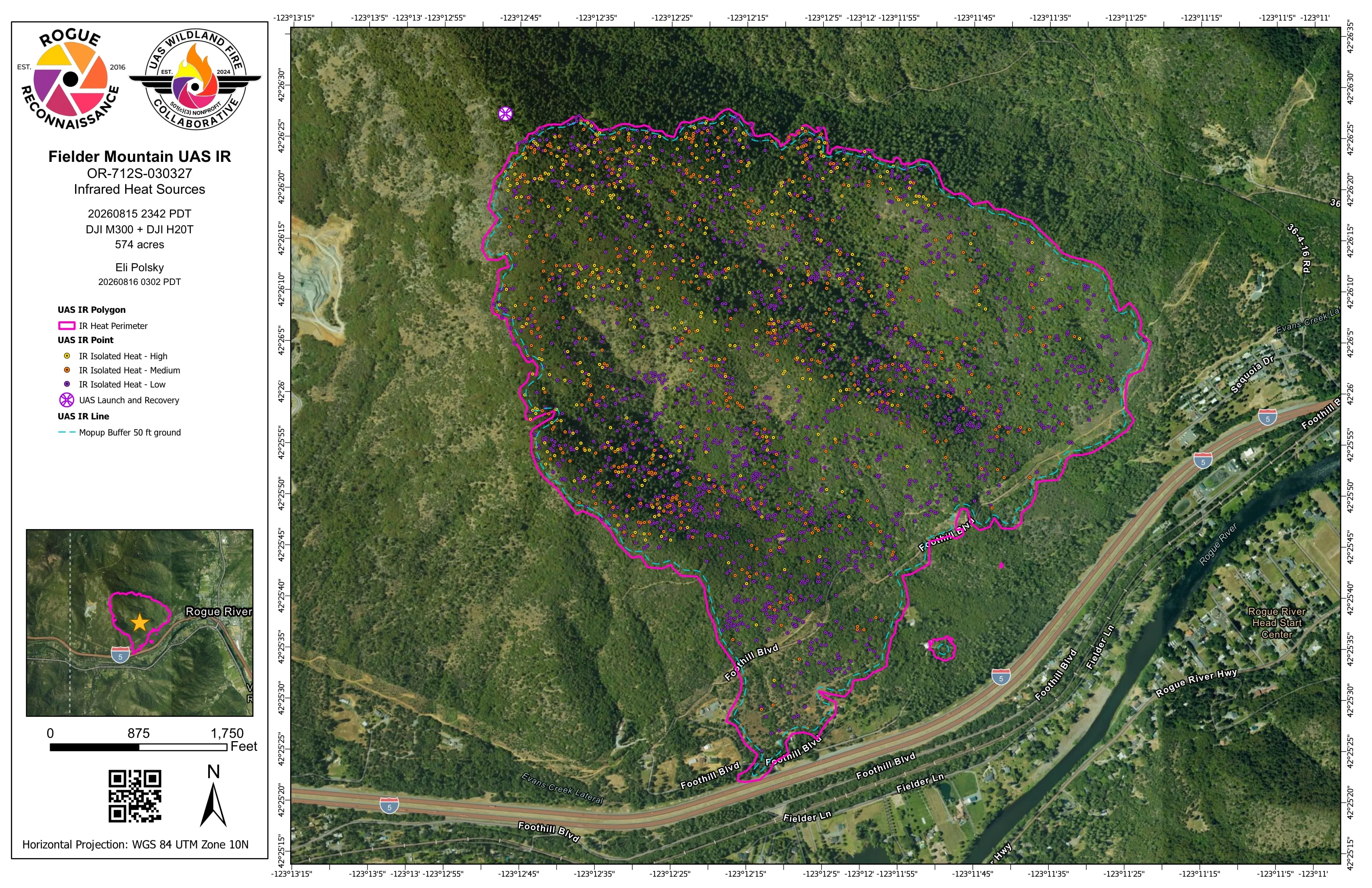 Templated 11 by 17 infrared map sheet for Fielder Mountain, August 2026: heat perimeter, classified heat, mopup buffer, both operator logos, scale bar, and QR code.