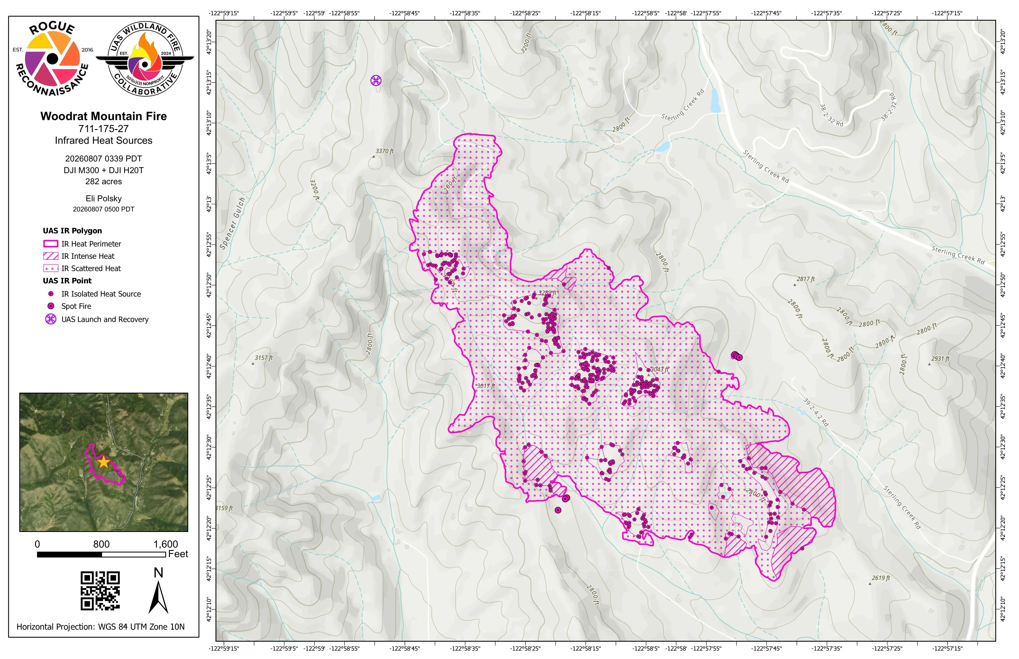Infrared map sheet for Woodrat Mountain on a topographic base: heat perimeter, intense and scattered heat, isolated heat sources, and the launch and recovery point.