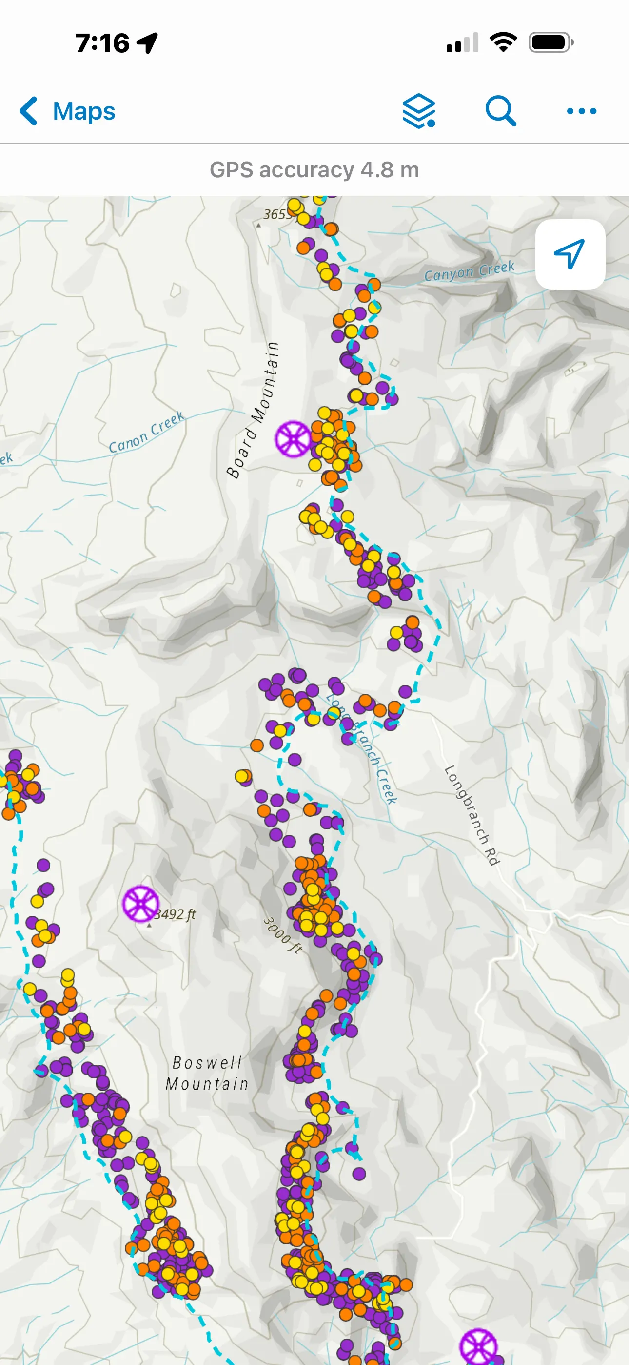 Field Maps on a phone showing hundreds of classified heat points along a fire perimeter at East Evans Creek.