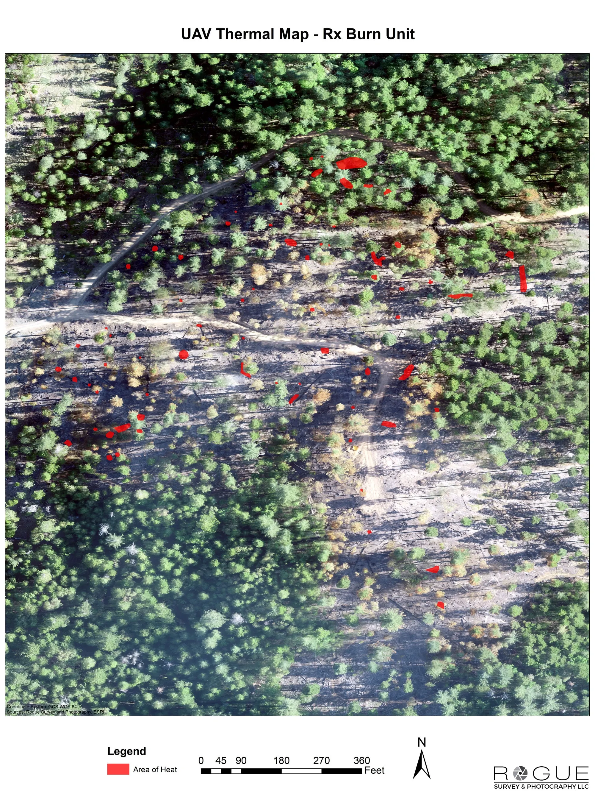 Thermal map of a prescribed burn unit laid over the color imagery, hot spots marked across the unit.