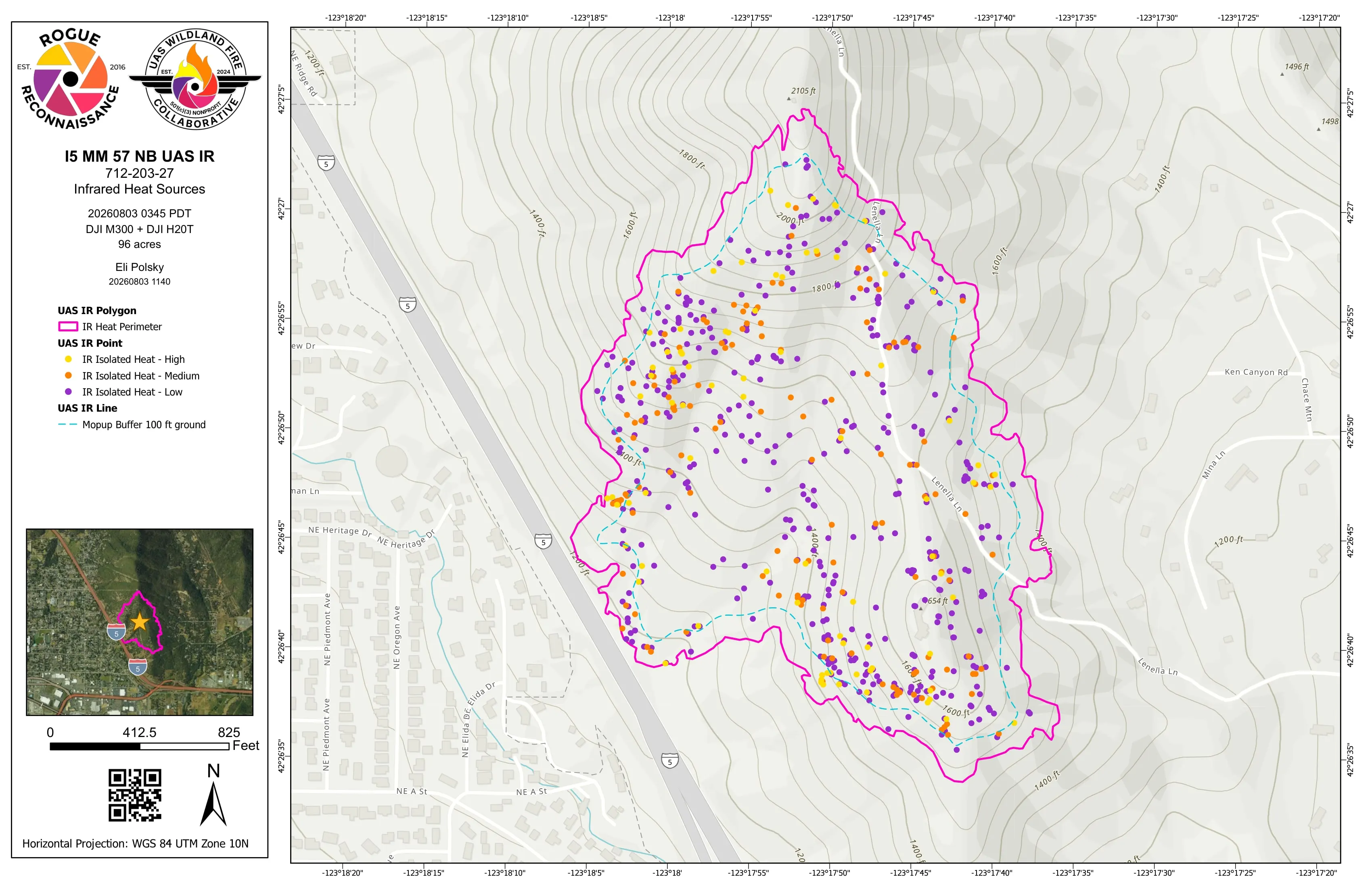 Infrared map sheet for the Interstate 5 fire near Grants Pass, August 2026: heat perimeter and classified heat on a topographic base.