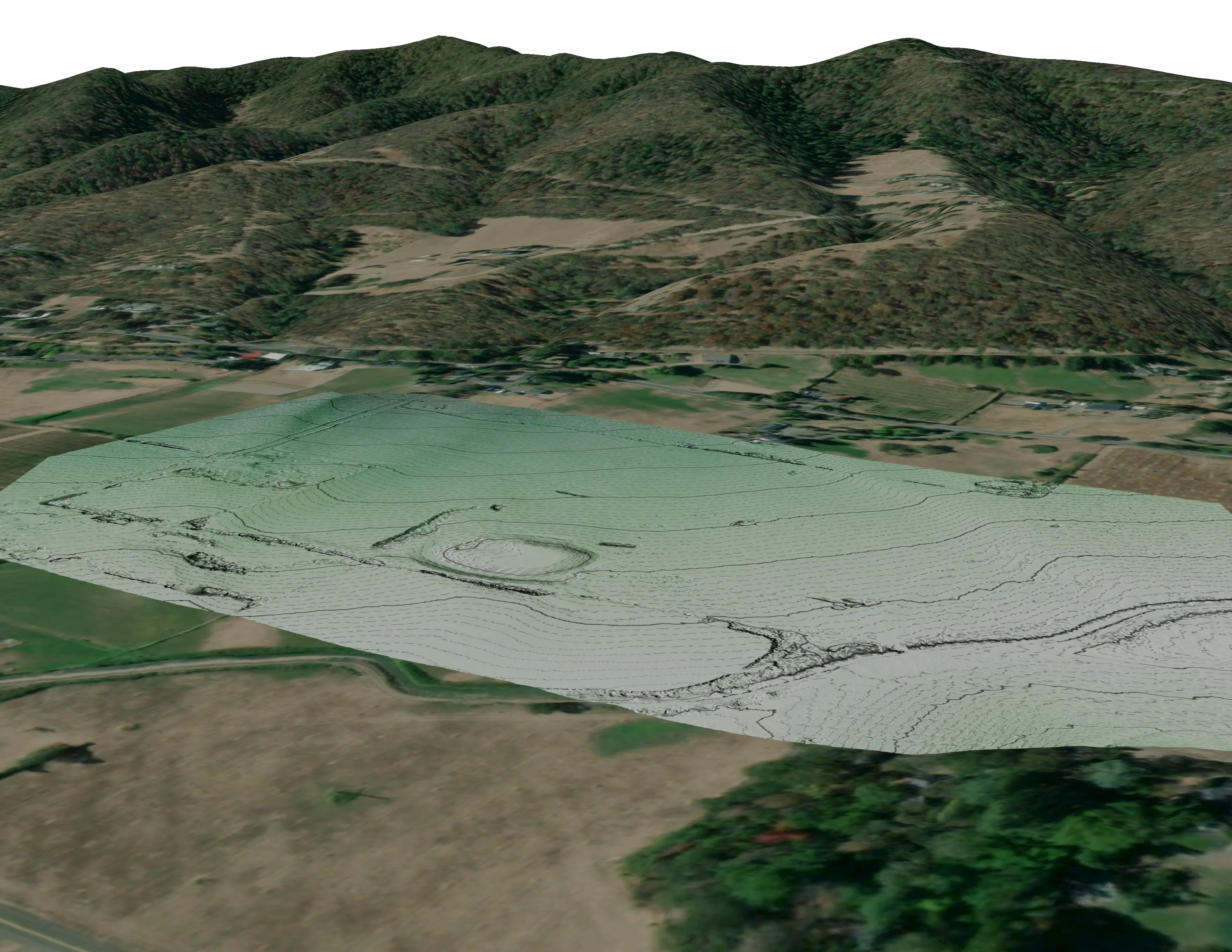 Three dimensional view of a farm elevation model with fields, tree mounds, and the pond in relief.