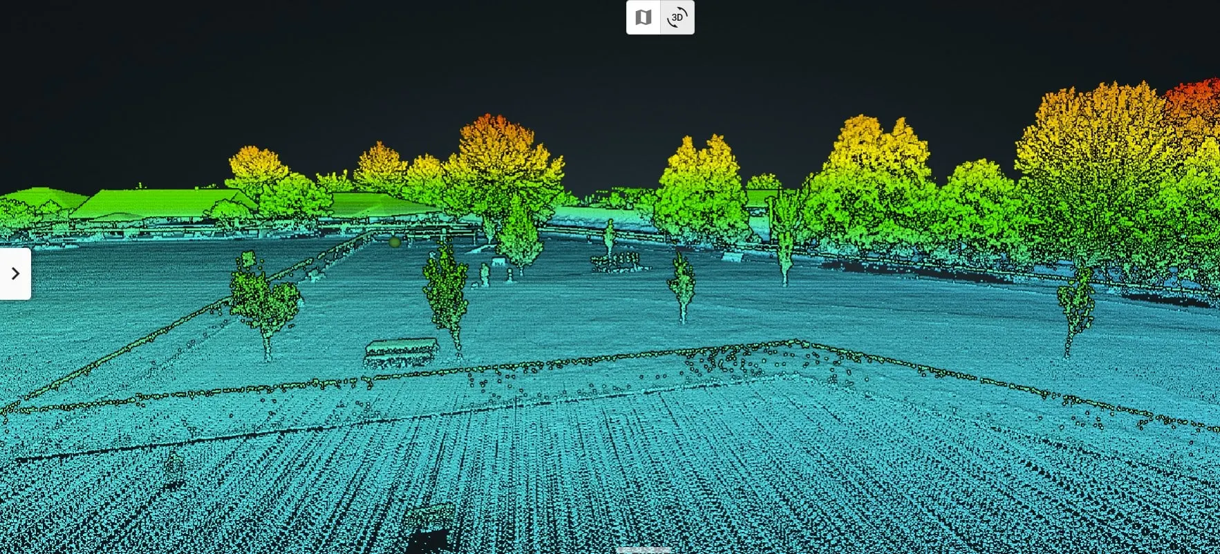 Classified point cloud of Colver Road Park in the viewer, trees colored by height above ground.