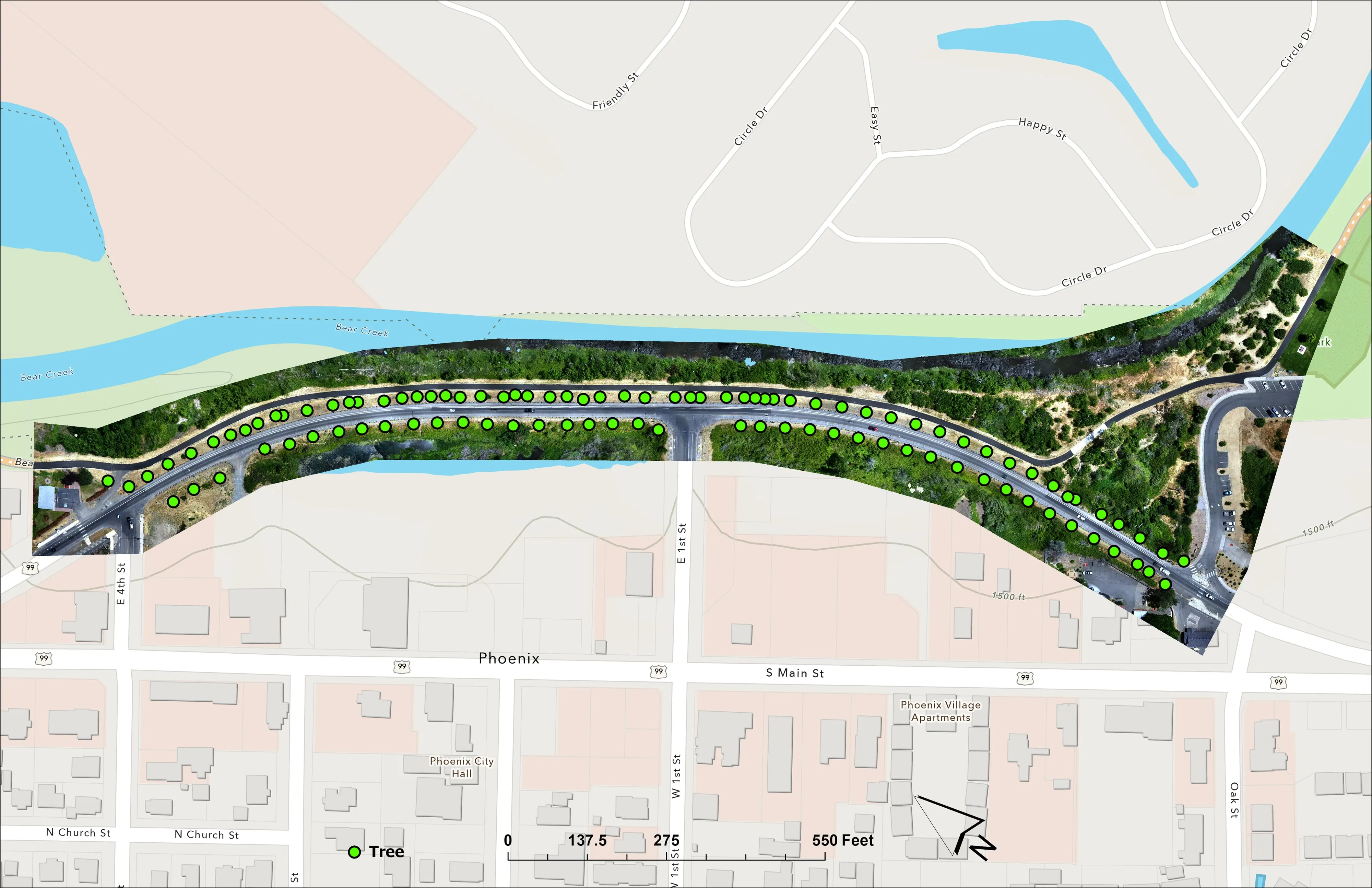 Orthomosaic of a creek corridor through Phoenix, Oregon, clipped to the project area.