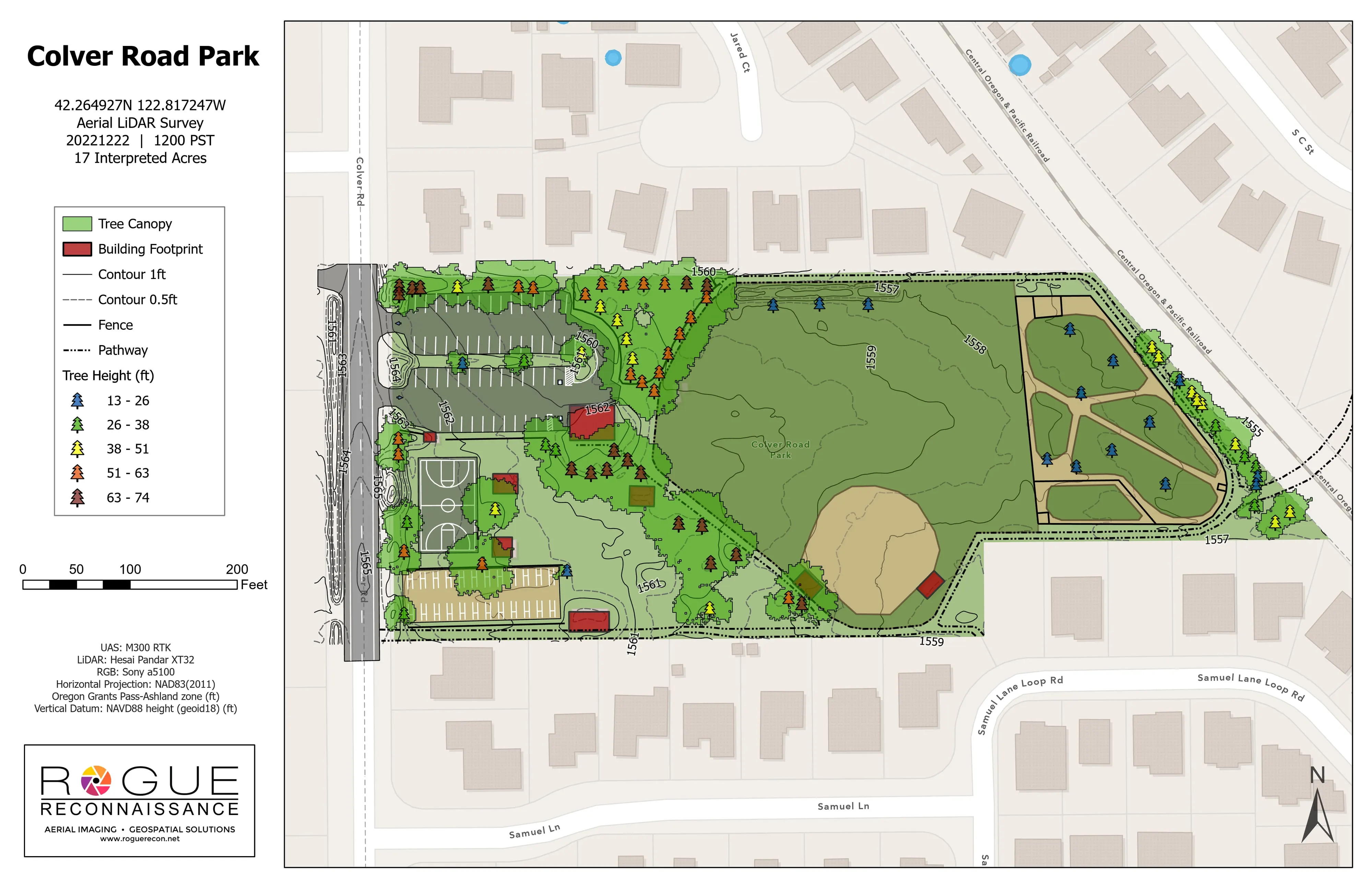 Planimetrics over Colver Road Park: contours, canopy, footprints, and tree heights on the orthomosaic.