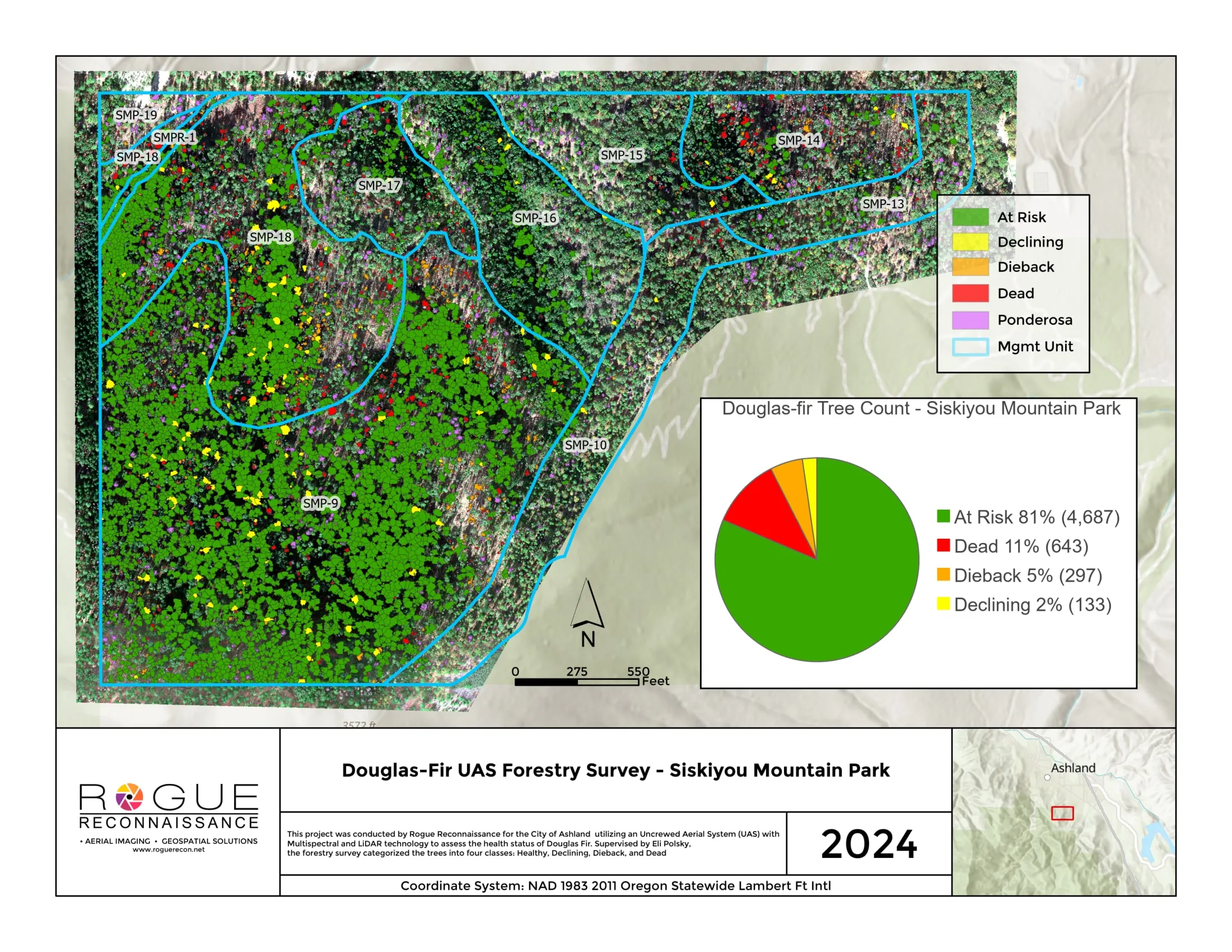 Siskiyou Mountain Park sheet: Douglas fir crowns colored by health class with the area count chart.