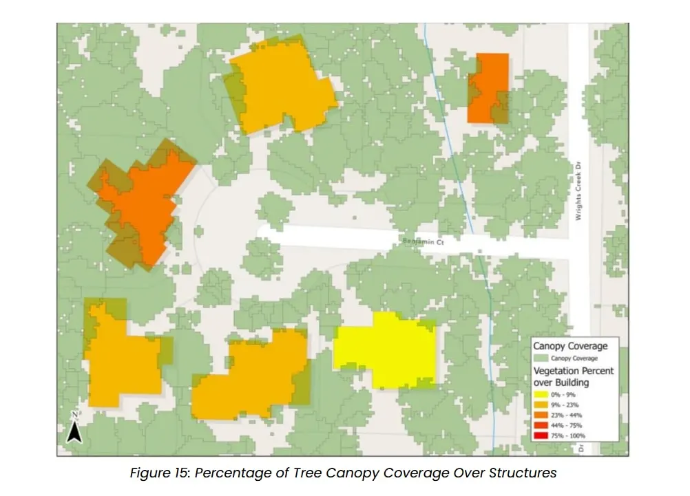 Figure from the 2025 Ashland CWPP: tree canopy coverage over structures.