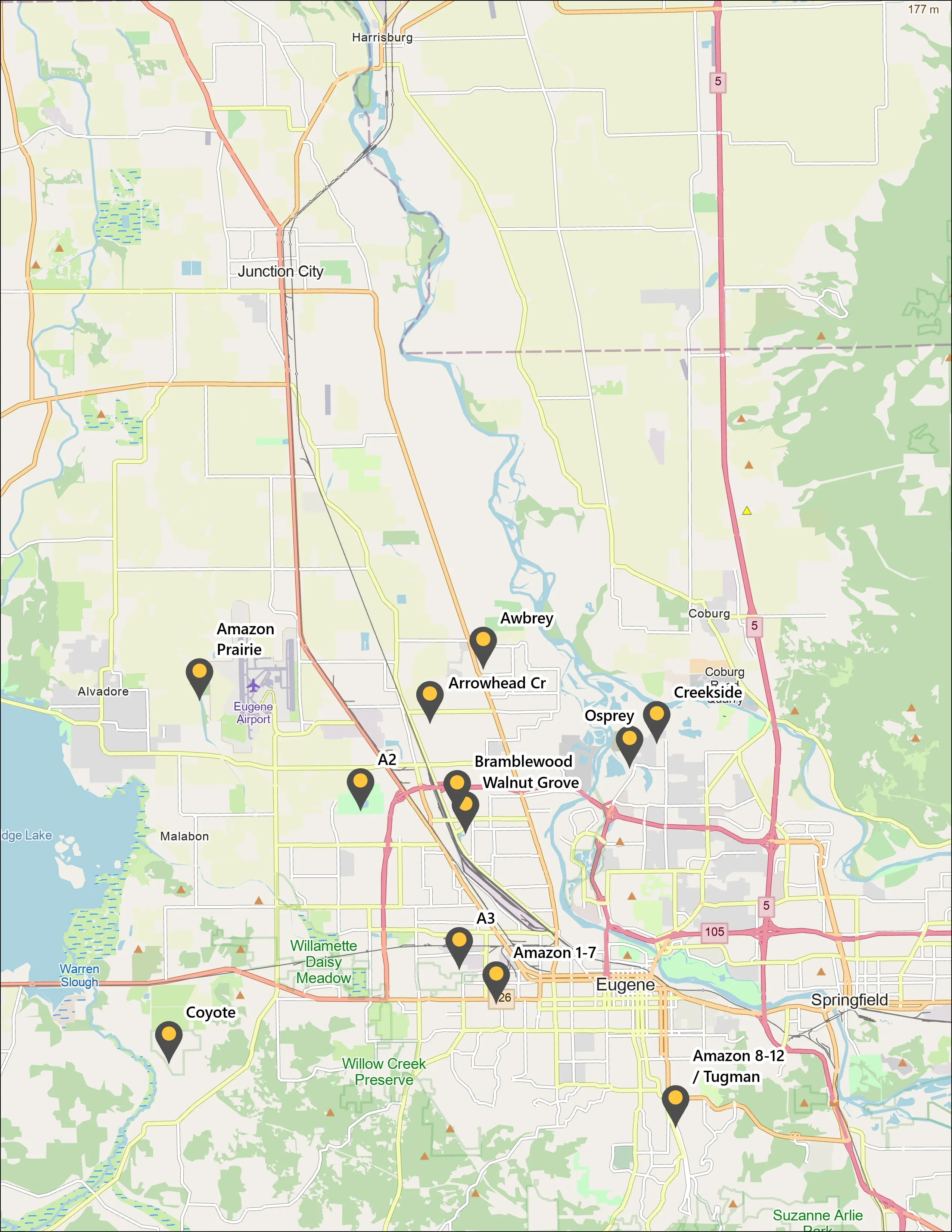 Map of the 13 designated areas across Eugene where ash was inventoried.