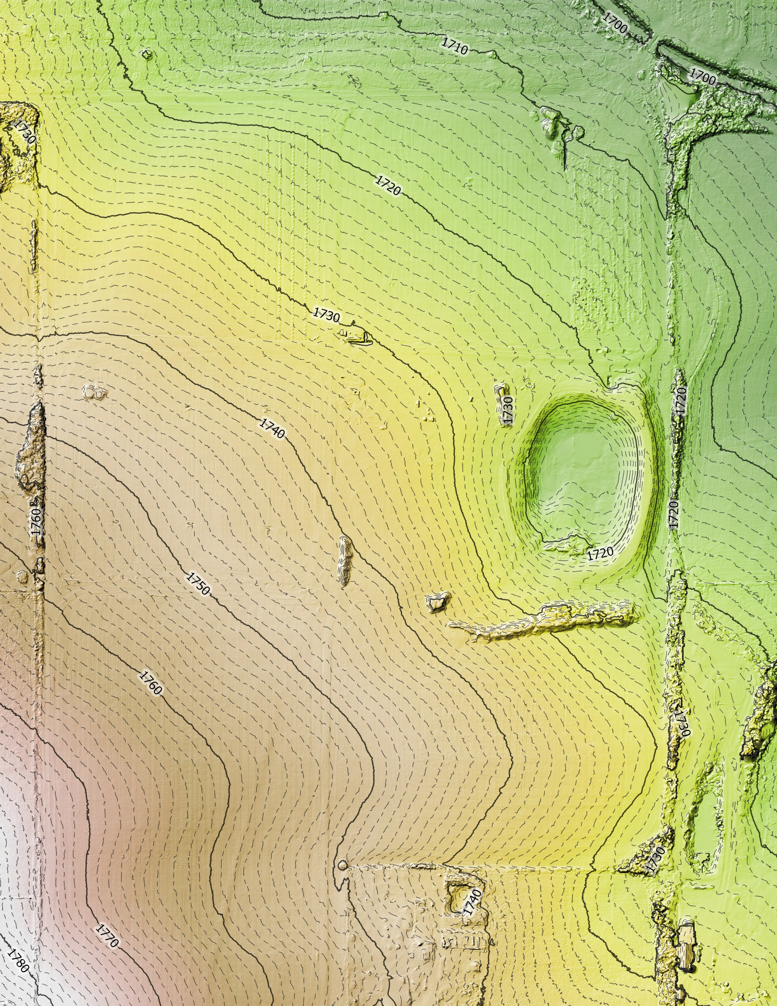 Elevation model of the whole farm with contour lines, fields and tree lines in relief.