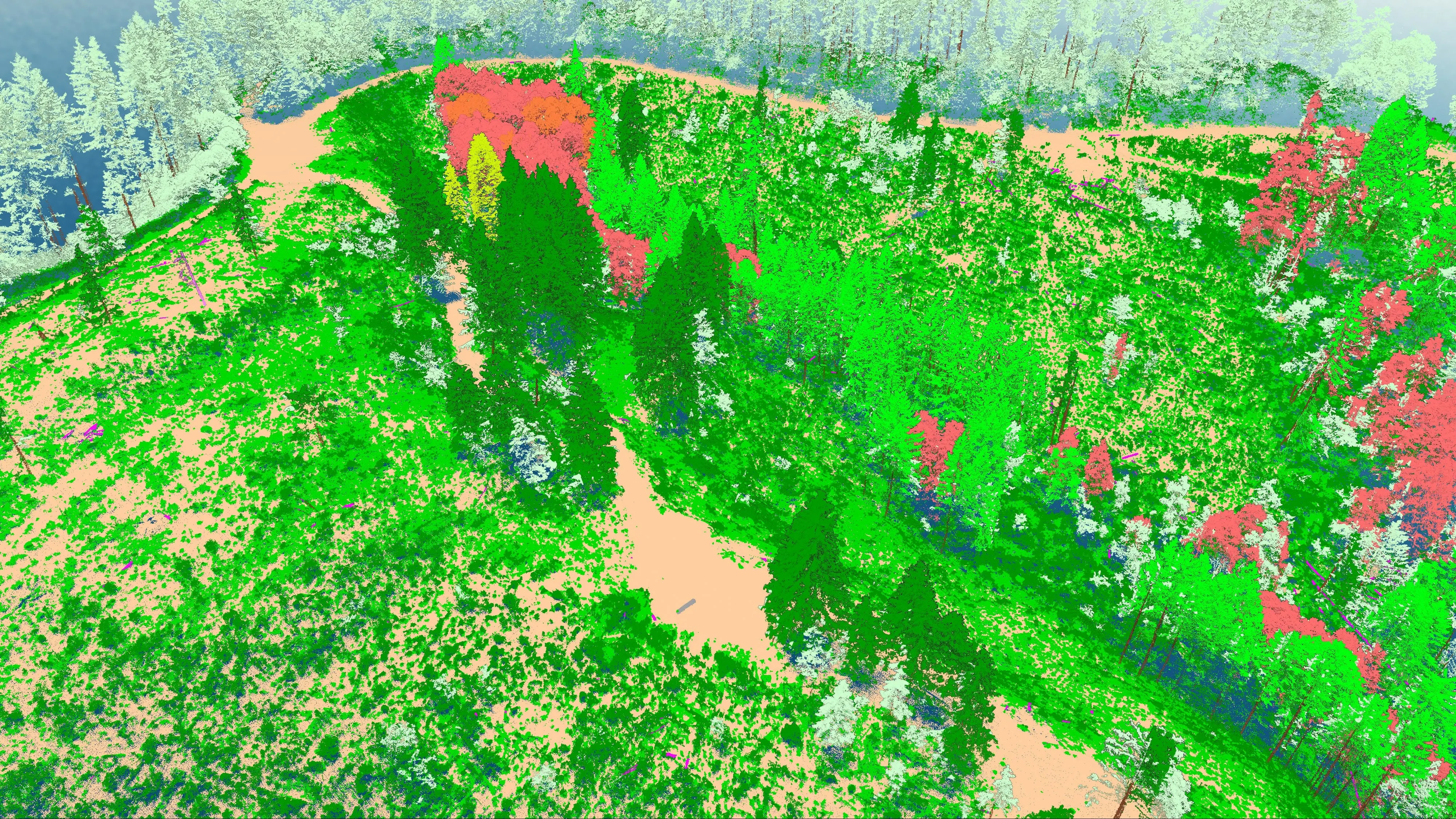 Classified LiDAR point cloud over the unit: ground, low vegetation, and tree canopy in separate classes.