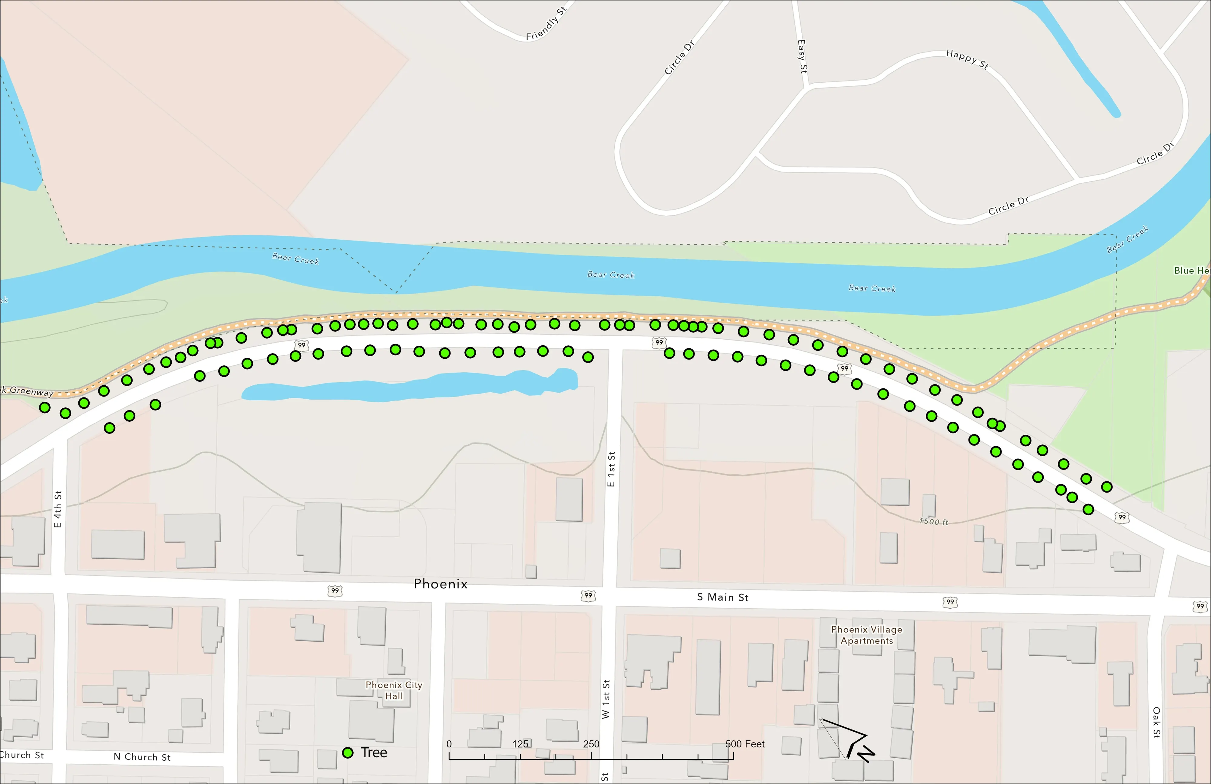 Overview of the Bear Creek corridor through Phoenix from the June 2025 LiDAR: the greenway, the creek, and the highway with the young planting in place.