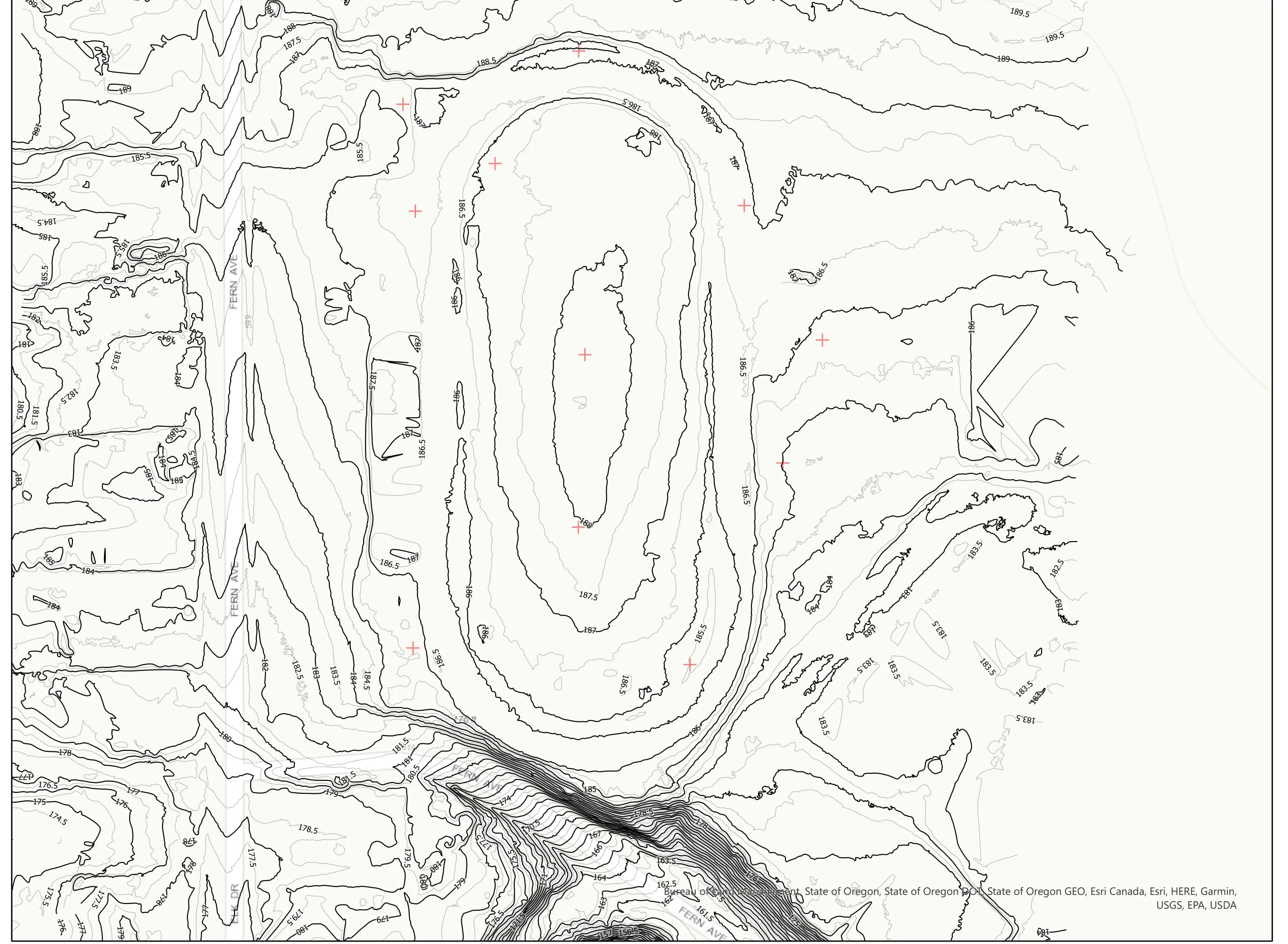 Contour plan view over a high school track and field, one foot contours from drone LiDAR.