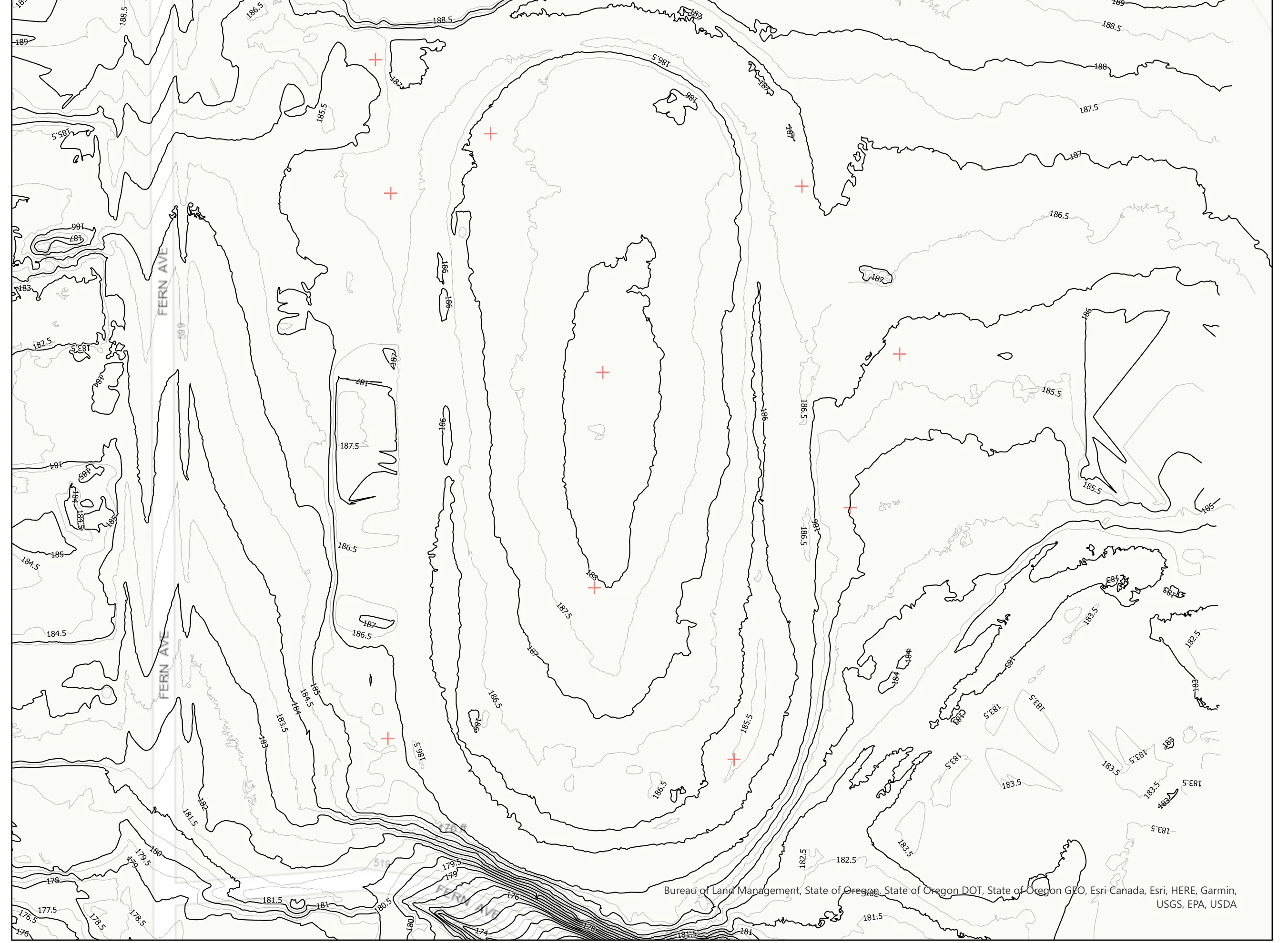 Contours alone over the track and field, with ground control points marked.