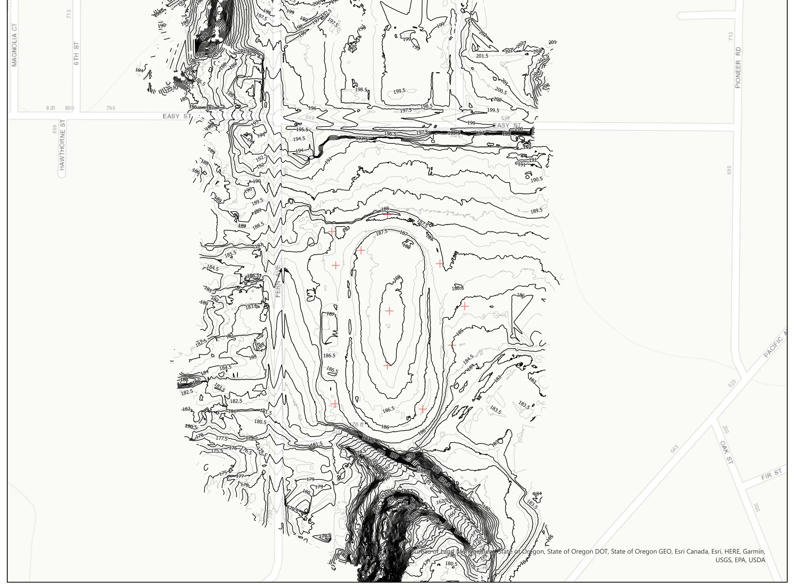 Half foot contours across the wider campus and the streets around it.