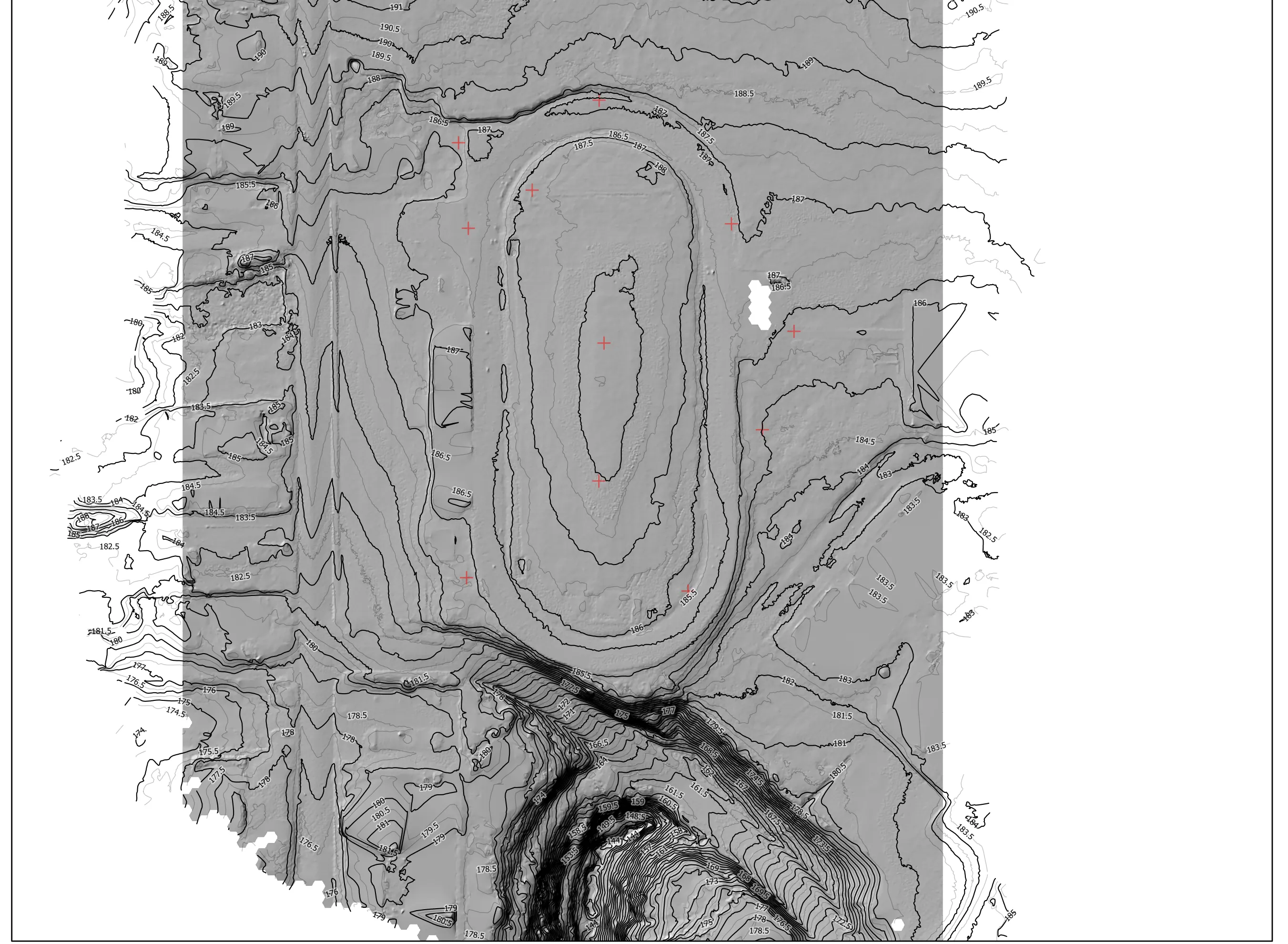 Bare earth hillshade under the contours, the track and the slope below it in relief.