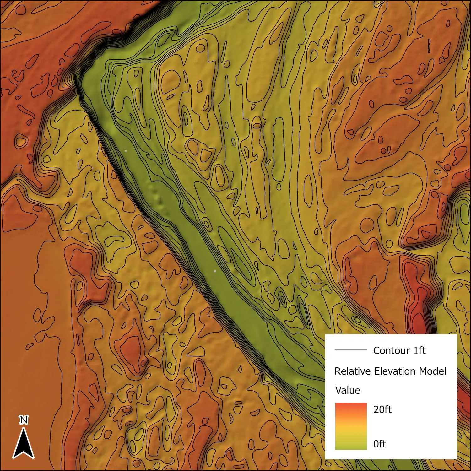 Relative elevation model with one foot contours across the floodplain.