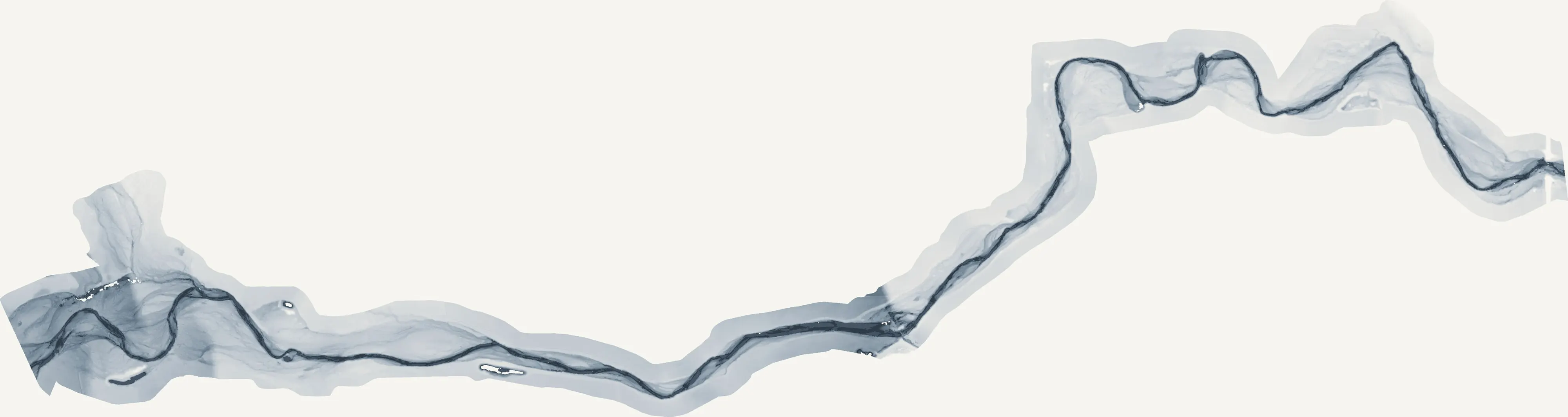 Relative elevation model of a river reach: the channel in dark ink, floodplain surfaces stepping up through grey to the valley floor.