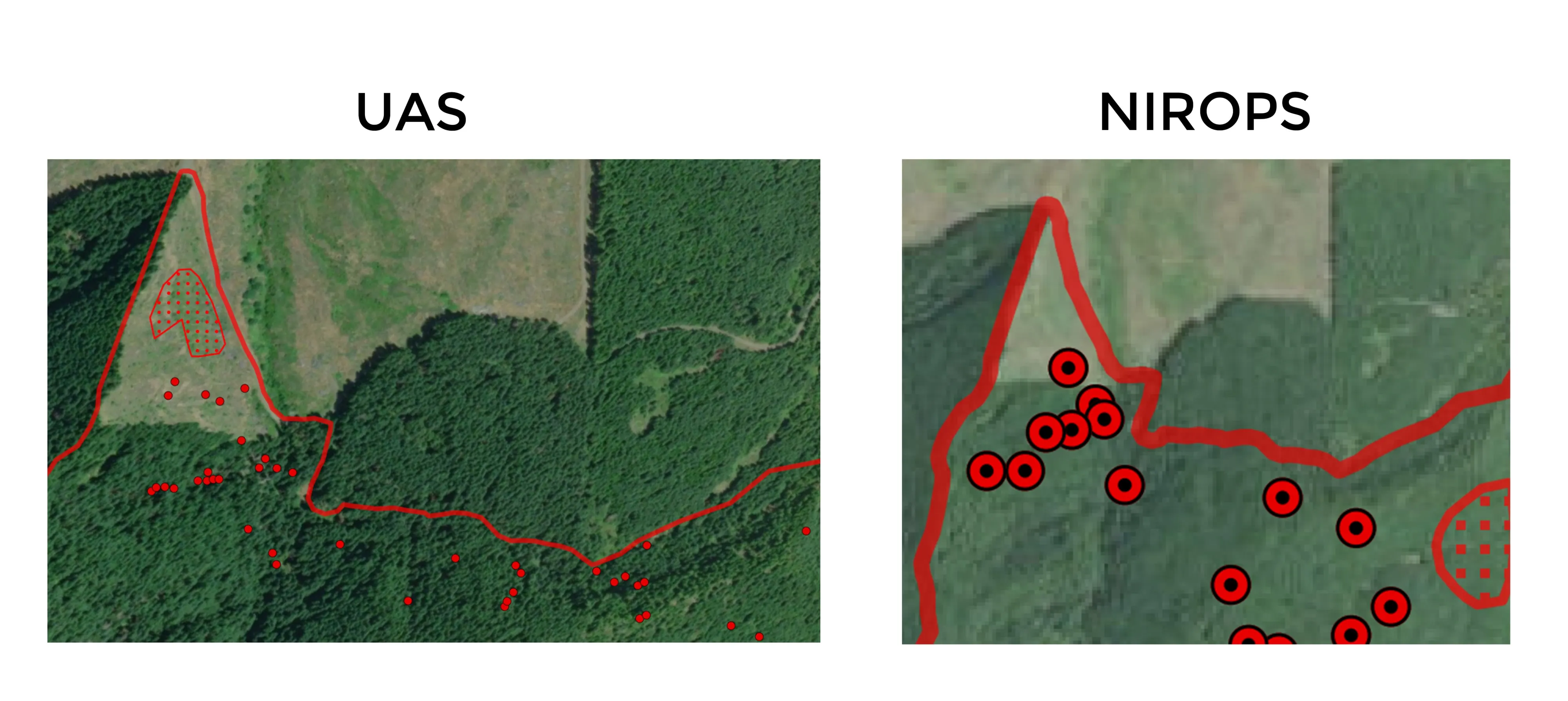 The same ground mapped from the UAS and from the crewed infrared aircraft, side by side.