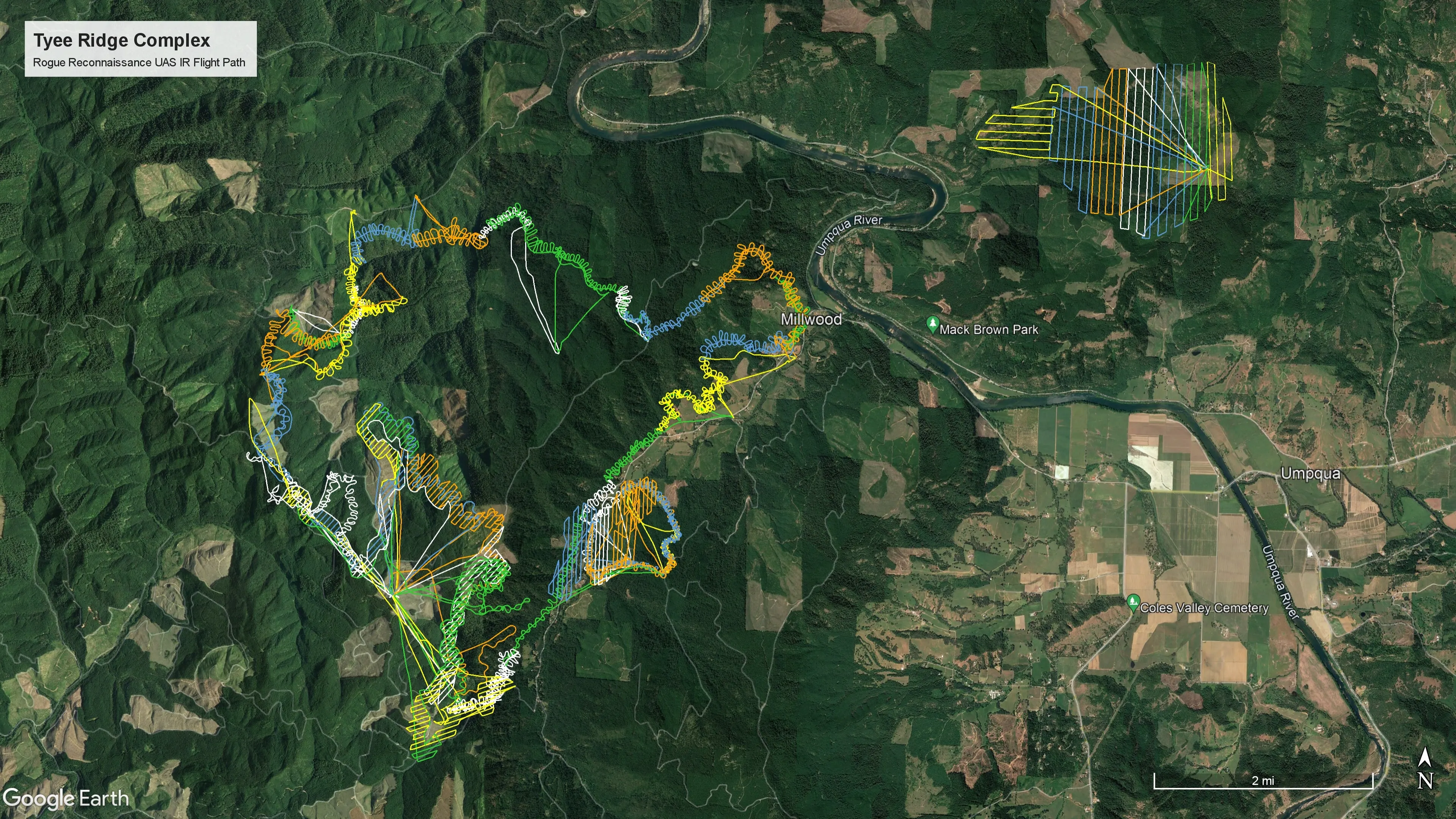 Flight paths across the Tyee Ridge Complex drawn over aerial imagery.